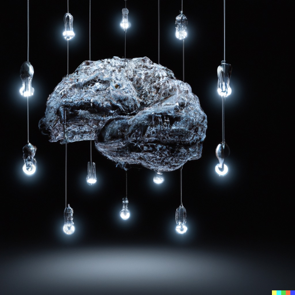 DALL-E generated rendering of a human brain surrounded by glowing lightbulbs