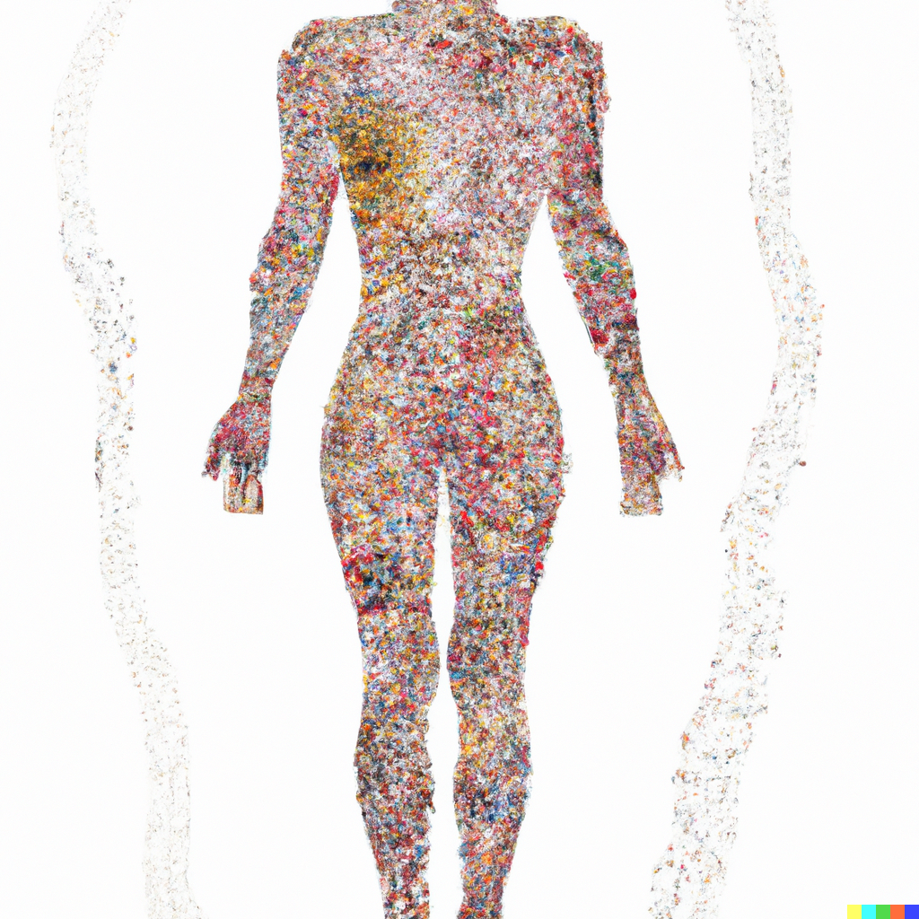 This image was created using OpenAI’s DALL-E neural network using the prompt: “20,000 human genes in the shape of a human body in the style of Salvador Dali”