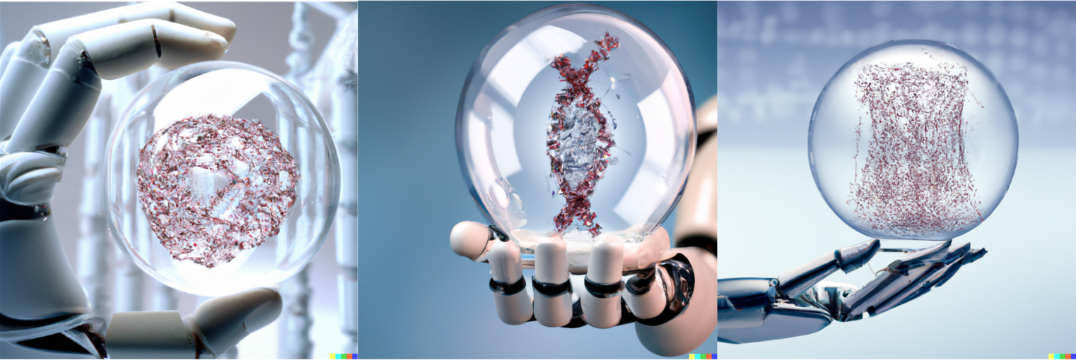DALL-E Images: These images were all created by OpenAI’s DALL-E using the following prompt: “One AI robot hand holding a large clear lensball containing a closeup image of a 3D rendering of a single human apolipoprotein A-I protein.”