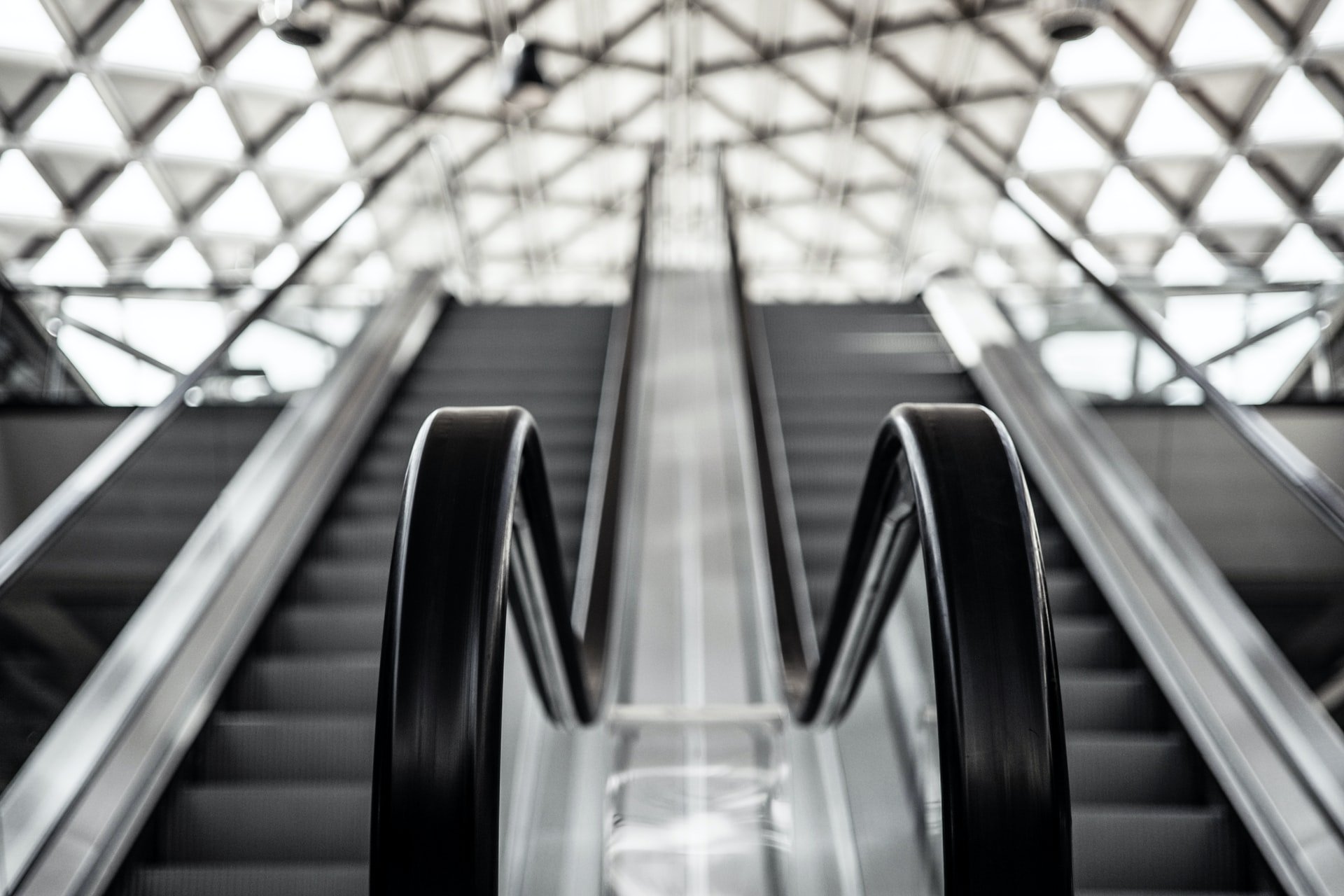 low-angle picture of escalator in Budapest, Hungary